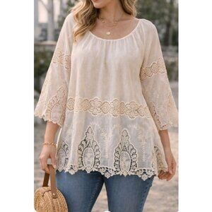 Vtg Womens Boho Embroidered Crochet Scalloped Hem Sheer Tunic Blouse 2XL Cream